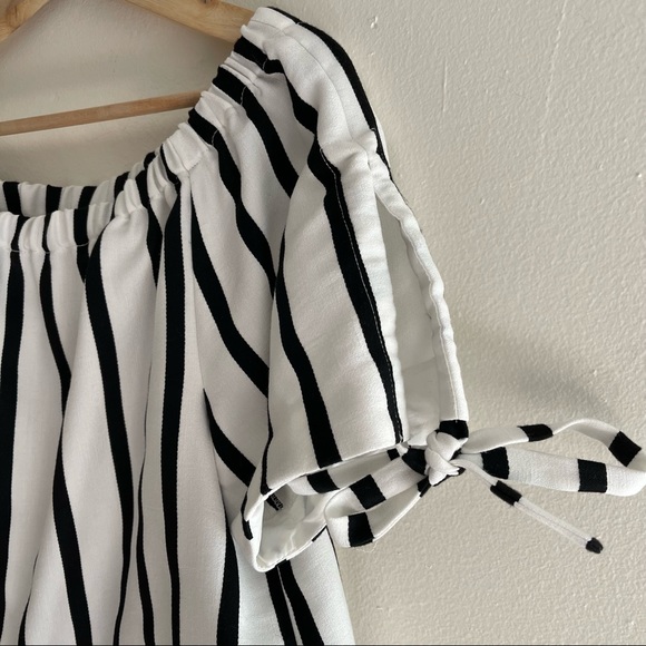 Maje White And Black Stripe Elastic Off The Shoulder Short Sleeve Top. Size 2 - Picture 3 of 8